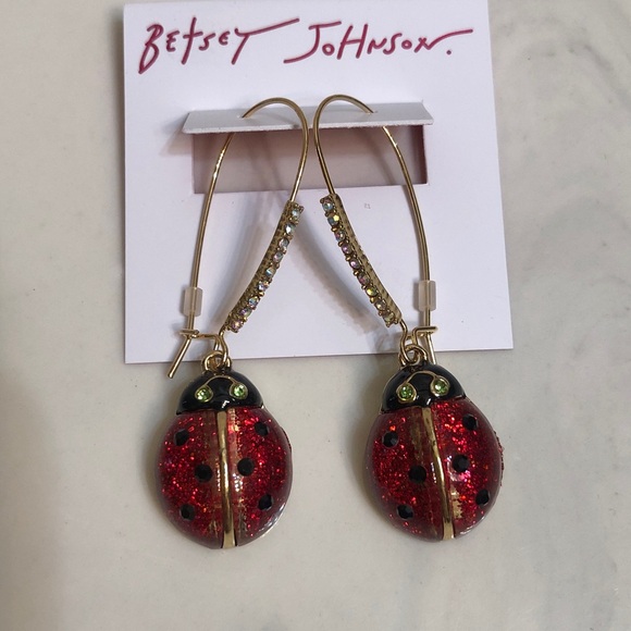 Betsey Johnson Red Glitter Resin Ladybug Drop Earrings Crystal Accents NWT - Picture 4 of 11